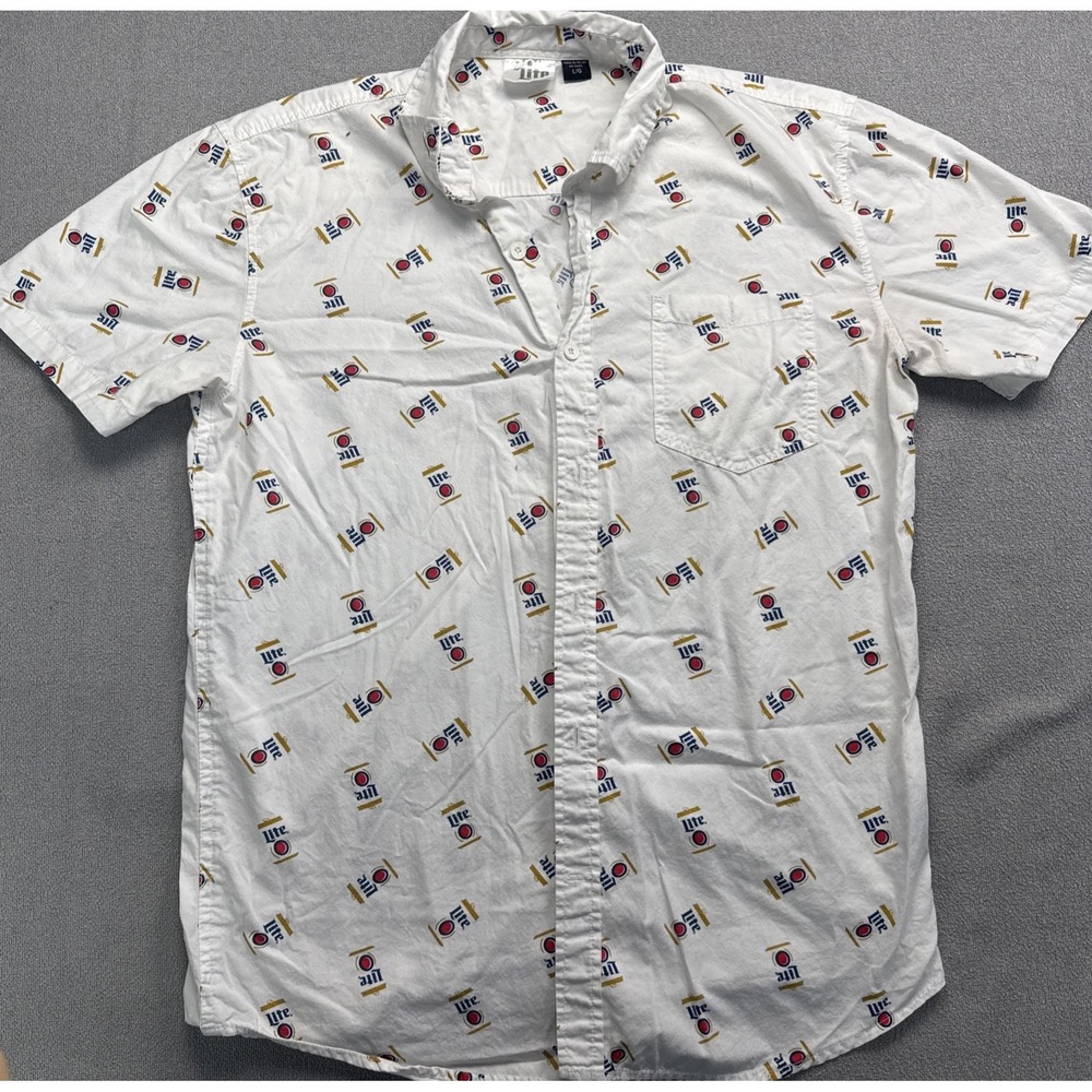 Miller Lite Men's Short Sleeve Button Down Collared Beer Print Shirt Size Large